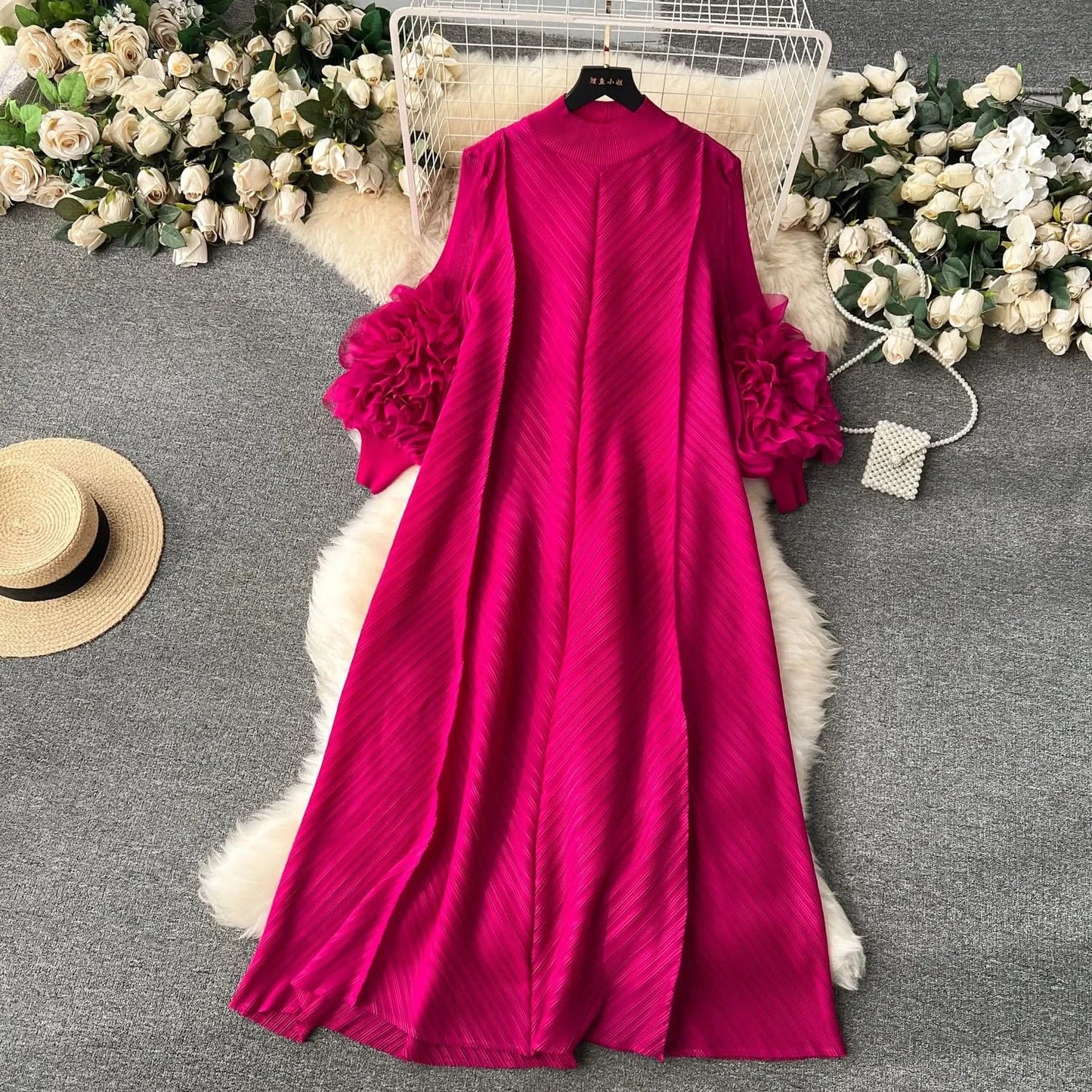 Sweet Pleated Vintage Three-dimensional Flower Loose Long Dress Chic Evening Korean Fashion Fashion Women Summer Dresses - M & M Global