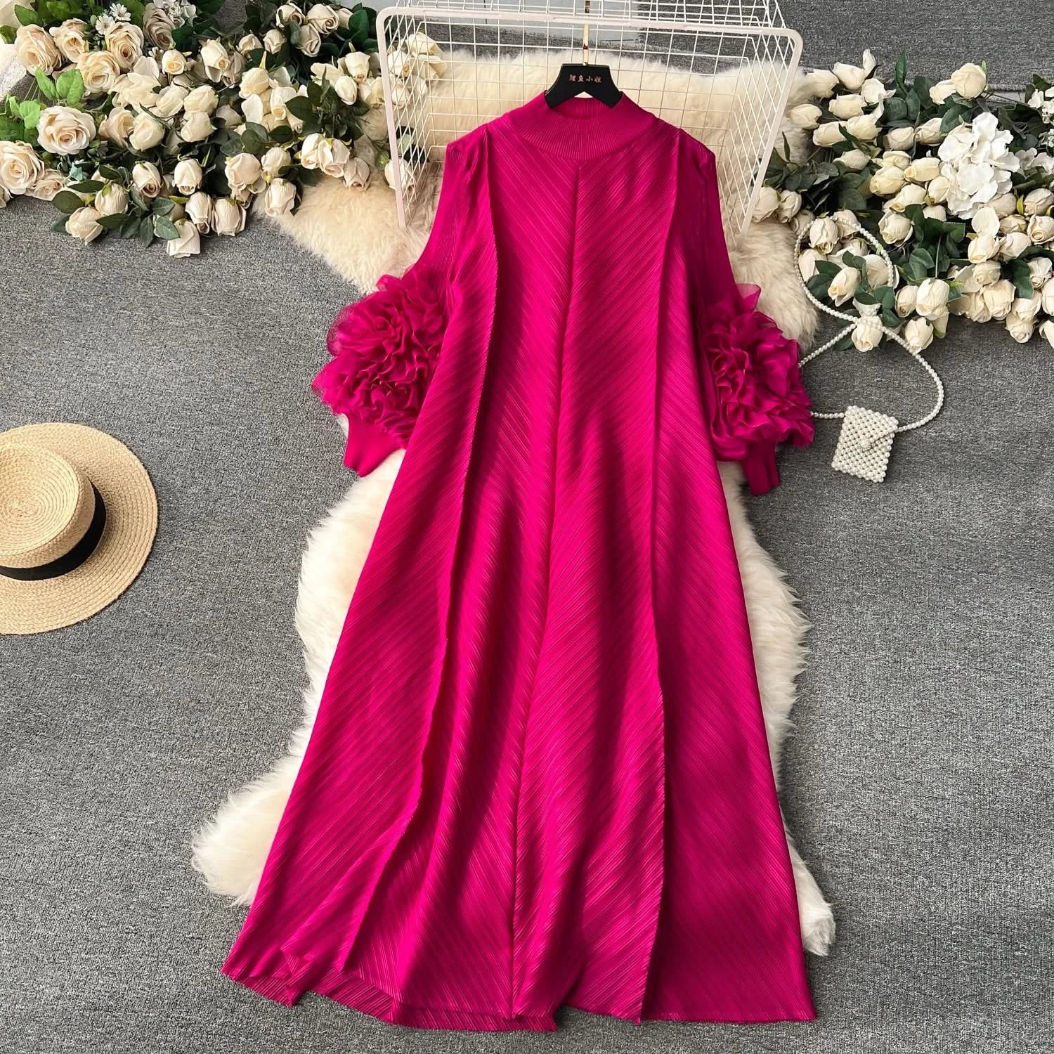 Sweet Pleated Vintage Three-dimensional Flower Loose Long Dress Chic Evening Korean Fashion Fashion Women Summer Dresses - M & M Global