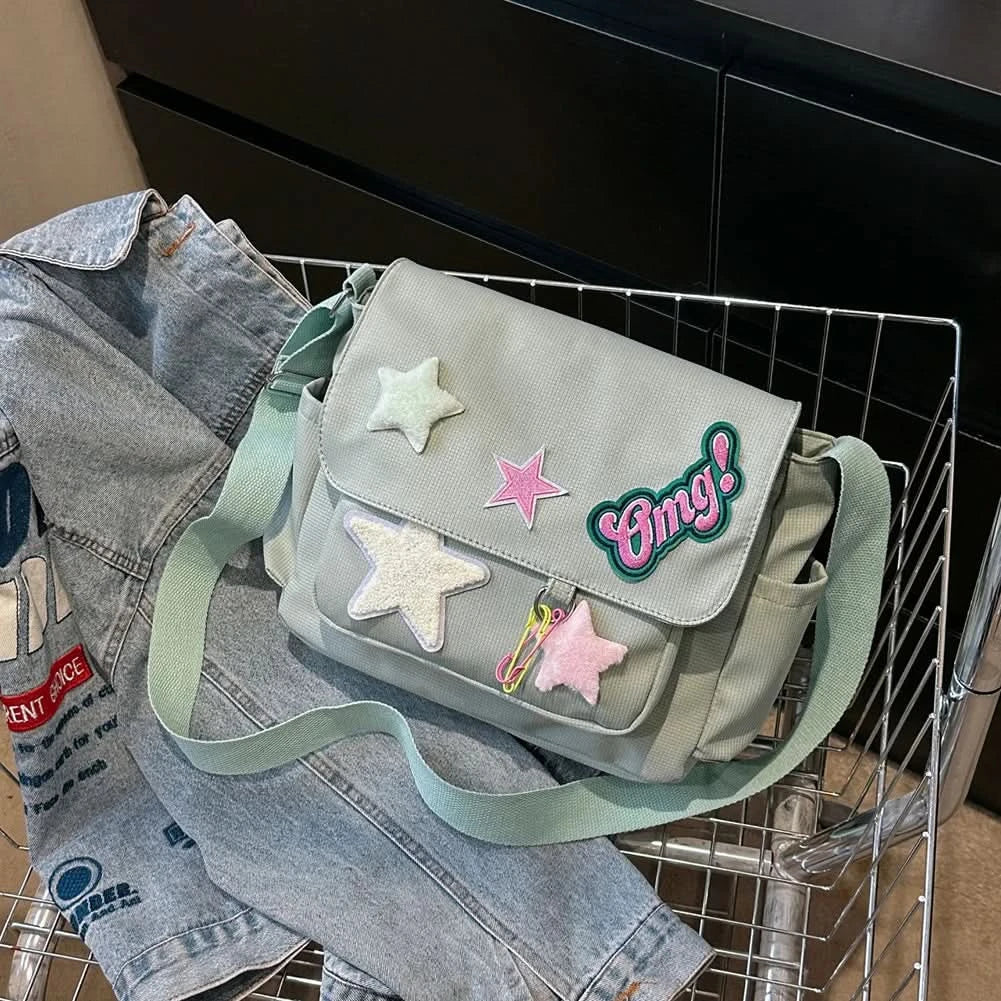 Women Cute Messenger Bag Large Capacity Canvas Student School Bag Star Letter Applique Candy Color Leisure Travel Outdoor Bag - M & M Global