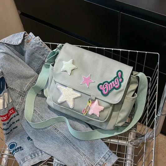 Women Cute Messenger Bag Large Capacity Canvas Student School Bag Star Letter Applique Candy Color Leisure Travel Outdoor Bag - M & M Global