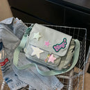 Women Cute Messenger Bag Large Capacity Canvas Student School Bag Star Letter Applique Candy Color Leisure Travel Outdoor Bag - M & M Global
