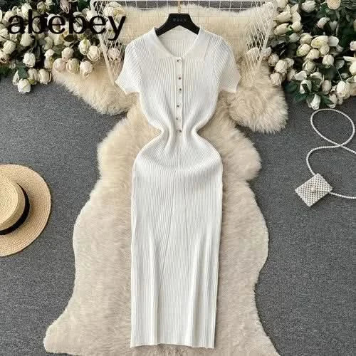 Summer Elastic Women Solid Knit Dress Summer Rose Red Retro Loose Sundress Sets 2024 bodycon Streetwear Sheer Beach Long Dress - M & M Global