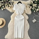 Summer Elastic Women Solid Knit Dress Summer Rose Red Retro Loose Sundress Sets 2024 bodycon Streetwear Sheer Beach Long Dress - M & M Global