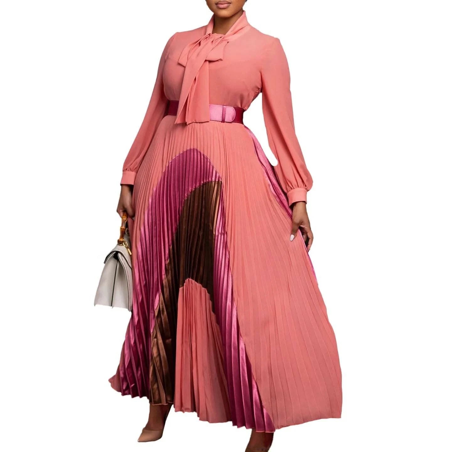 CM.YAYA Elegant Women Wraped Bow Neck Long Sleeve with Sashes Maxi Long Dress Chic INS Sexy Party Prom Big Swing Pleated Dresses - M & M Global