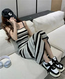 Striped Knitted Slim Dresses Women's Summer Skinny Sleeveless Bodycon Long Dress Casual Holiday Wrap Hip Sundress - M & M Global