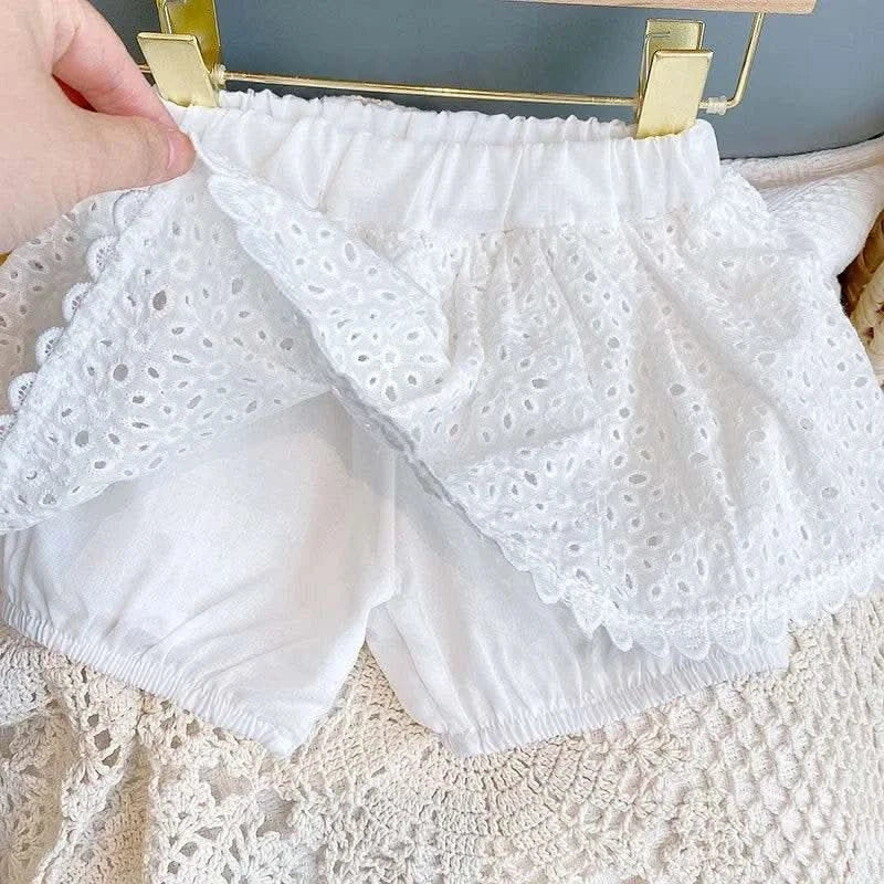 2PCS Kids Sets Summer Girl Clothes Children Hollow Lace Sleeveless Tops Shorts Set Fashion Baby Girl Cardigan Fake Two Suit - M & M Global