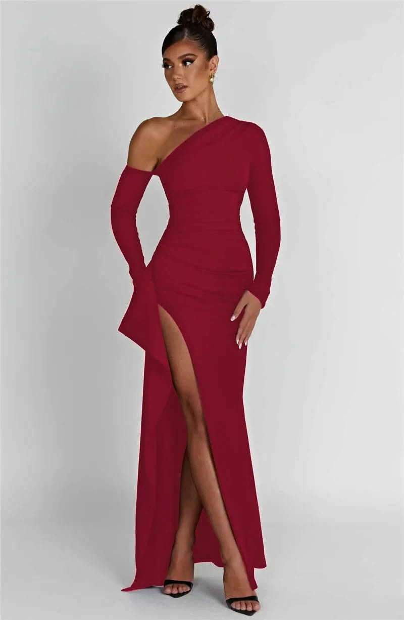 Mozision Oblique Shoulder Thigh High Split Maxi Dress Women Long Sleeve Backless Bodycon Sexy Club Party Long Dress Vestidos - M & M Global