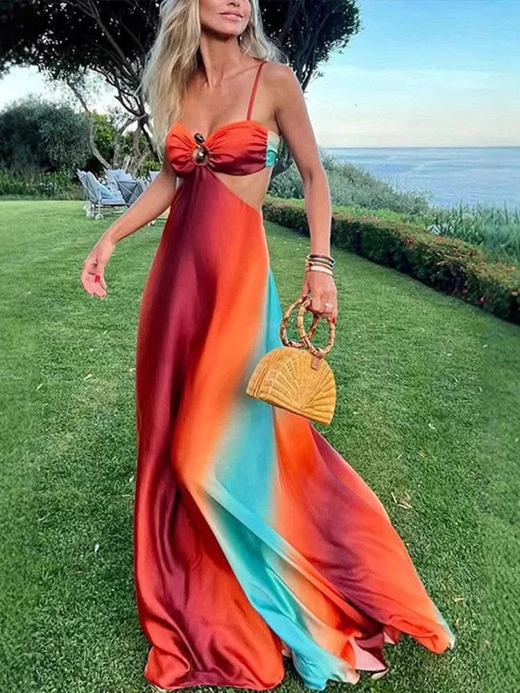 Bohemia Gradient Printed Sling Beach Maxi Dress Women Spaghetti Strap Sleeveless Backless Long Dress Female Hollow Out Chic Robe - M & M Global