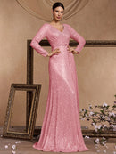 Luxury Pink Floor Length V-Neck Evening Dresses Women Elegant Party Maxi Dress Sequin Long Sleeves Prom Cocktail Dress Gowns