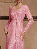 Luxury Pink Floor Length V-Neck Evening Dresses Women Elegant Party Maxi Dress Sequin Long Sleeves Prom Cocktail Dress Gowns