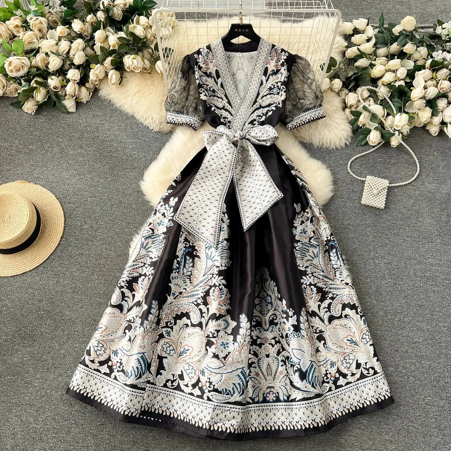 Summer Bohemian Paisley Print Long Dress Women V-Neck Short Puff Sleeve Vintage Print Bandage Lace Up Robe Vestidos Clothes 6237 - M & M Global