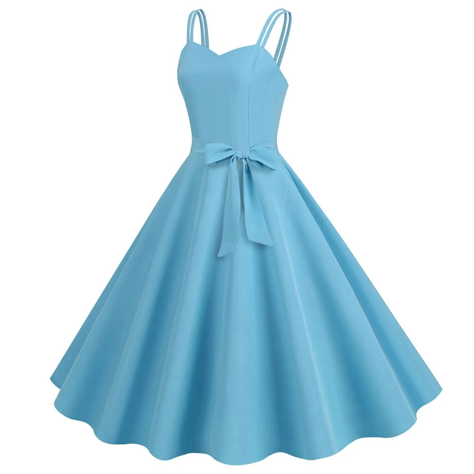 Women Casual Sleeveless Evening Party Prom Dress Strap A Line Large Swing Dress Solid Belted Waist Dresses For Wedding Guest - M & M Global