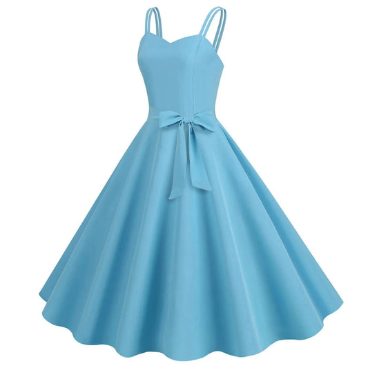 Women Casual Sleeveless Evening Party Prom Dress Strap A Line Large Swing Dress Solid Belted Waist Dresses For Wedding Guest - M & M Global