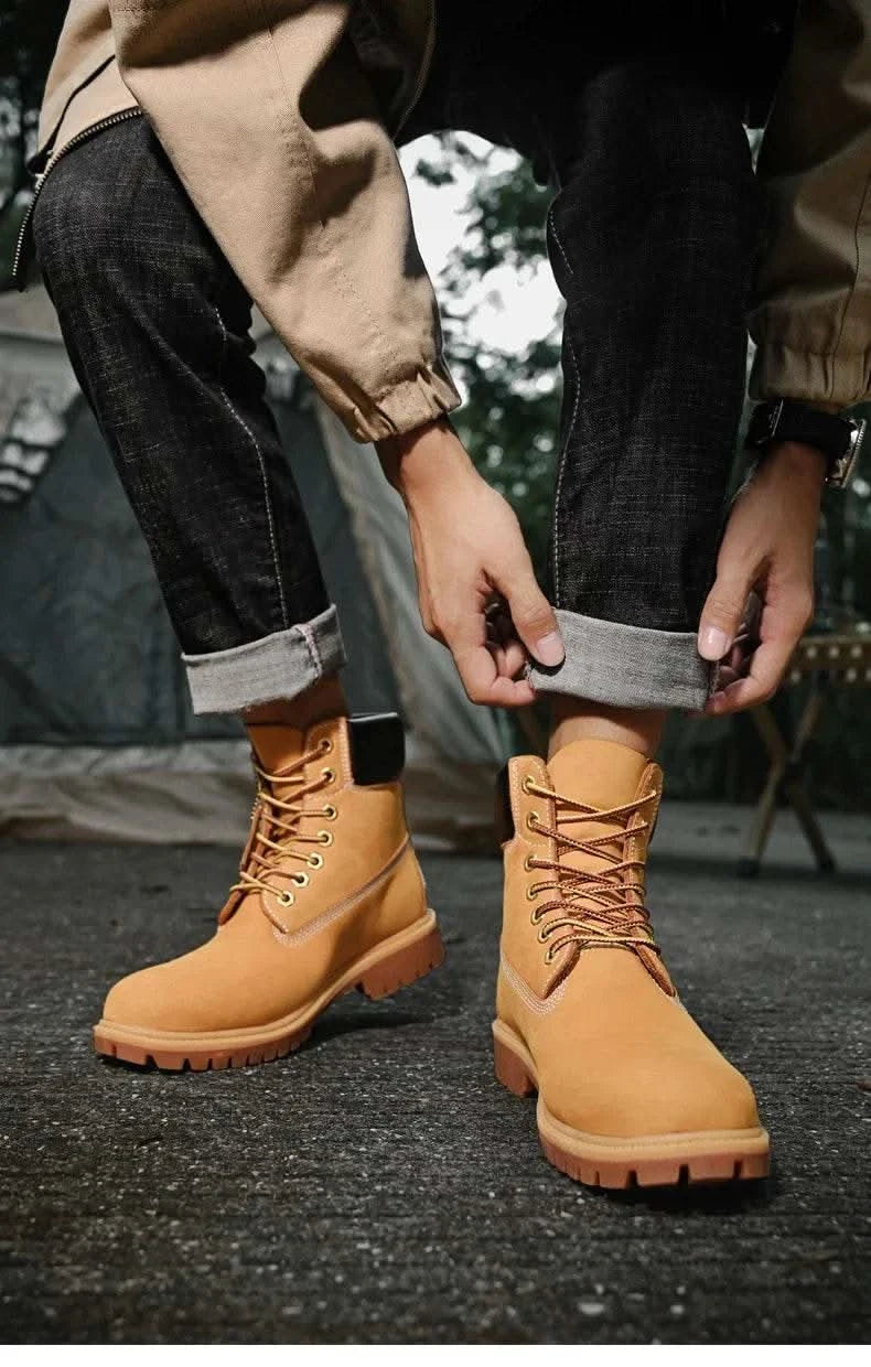 Boots Men High Top Boots High Quality Women Leather Shoes Fashion Outdoor Sneakers Men Lace Up Non-Slip Ankle Boots for Couple - M & M Global