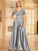Elegant Short Sleeve Satin Patchwork Sequins V-neck Formal Evening Dresses 2026 Luxury Women A-Line Party Cocktail Prom Gowns