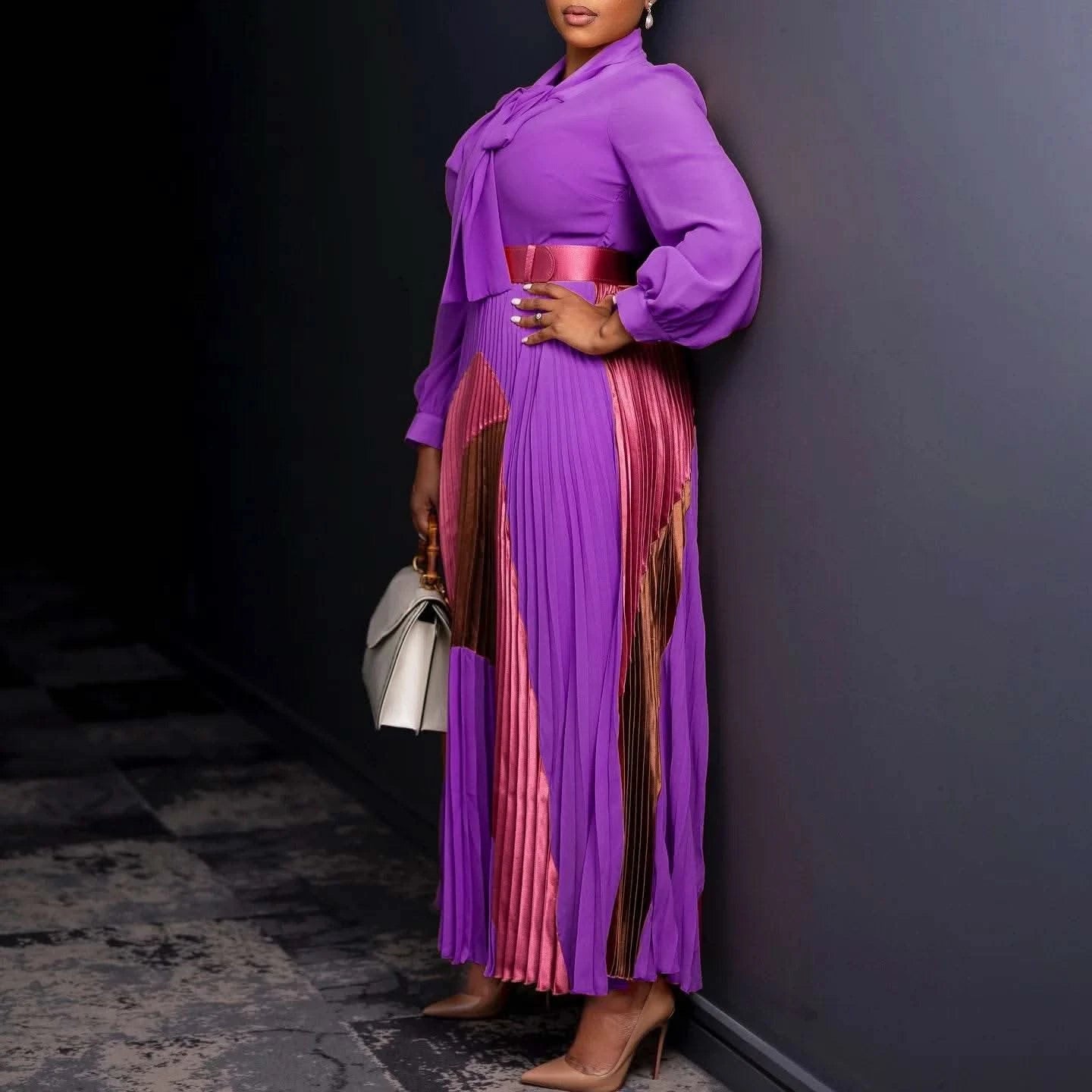 CM.YAYA Elegant Women Wraped Bow Neck Long Sleeve with Sashes Maxi Long Dress Chic INS Sexy Party Prom Big Swing Pleated Dresses - M & M Global