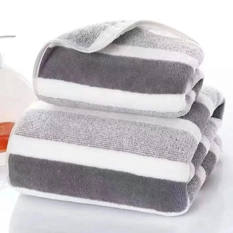 Soft Striped Bath Towel Set - Quick-Drying Absorbent Microfiber Face & Hand Towels for Bathroom, Home Spa - 70x140cm & 35x75cm - M & M Global