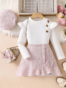 3-Piece Set: Girls' Casual Long-Sleeve Ruffled Knit T-Shirt Top + Elastic Waist Button-Decorated Skirt + Girls' Hat, Autumn and Winter Style. Girls' Fashionable Knit Pullover with Tweed-Style Short Skirt, Elegant and Ladylike