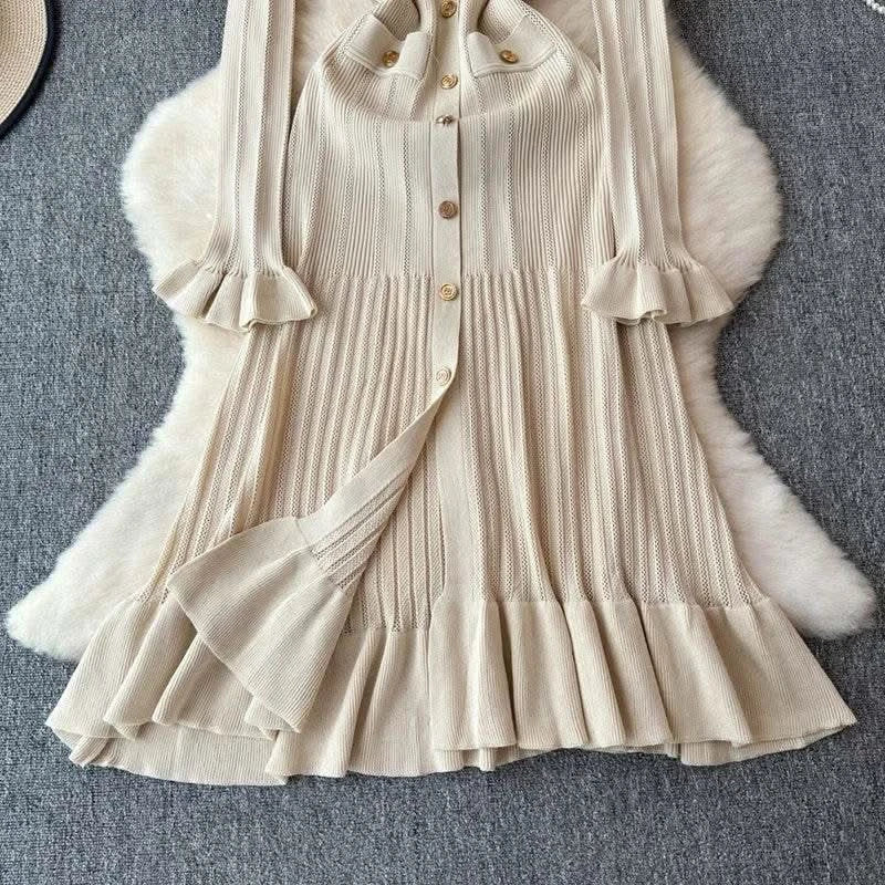 2024 Green Fashion Autumn Winter Knitted Long Dress French Style Letter Buttons Elegant Sweater Dress Lady Office Bodycon - M & M Global