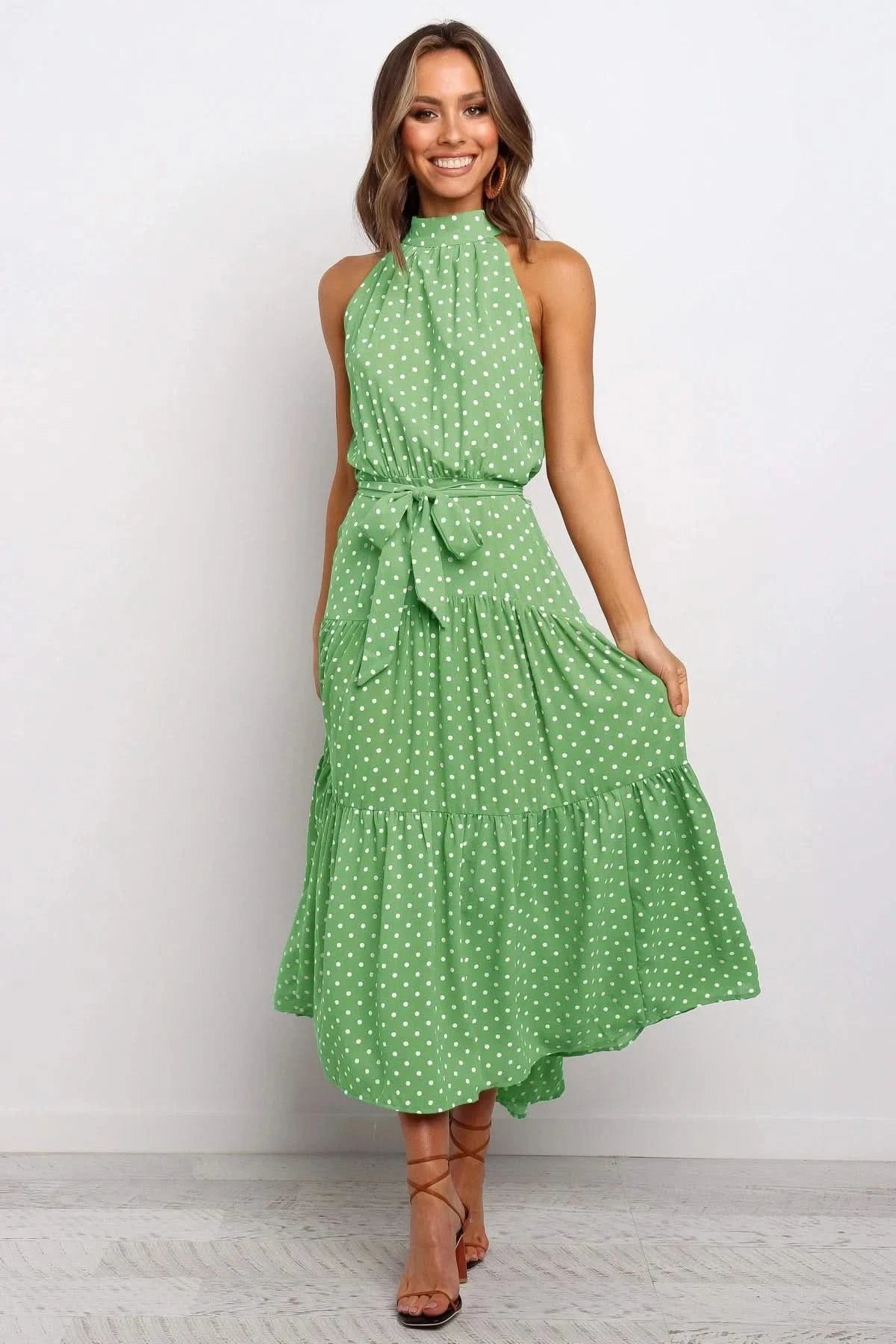 Summer Floral Print Halter Neck Dresses For Women Sleeveless Leace-up Long Dress Casual Beach Holiday Vestidos Female Clothing - M & M Global