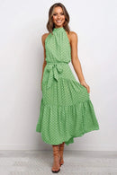 Summer Floral Print Halter Neck Dresses For Women Sleeveless Leace-up Long Dress Casual Beach Holiday Vestidos Female Clothing - M & M Global