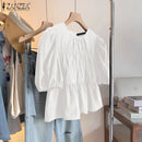 ZANZEA Women Summer Tops Short Sleeve Blouse 2025 Casual Solid Color Tunic Female Ruffled Round Neck Pleated Blusas Oversized