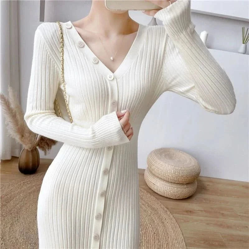 Lucyever Elegant Knitted Long Dress for Women Korean Chic Buttons Slim Fit Midi Dresses Female Streetwear V Neck Party Vestidos - M & M Global