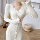Lucyever Elegant Knitted Long Dress for Women Korean Chic Buttons Slim Fit Midi Dresses Female Streetwear V Neck Party Vestidos - M & M Global