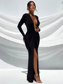 Mozision Deep V Neck Long Sleeve Split Maxi Dress Women Elegant Clubwear 2023 Autumn New Bodycon Ruched Sexy Long Dress - M & M Global