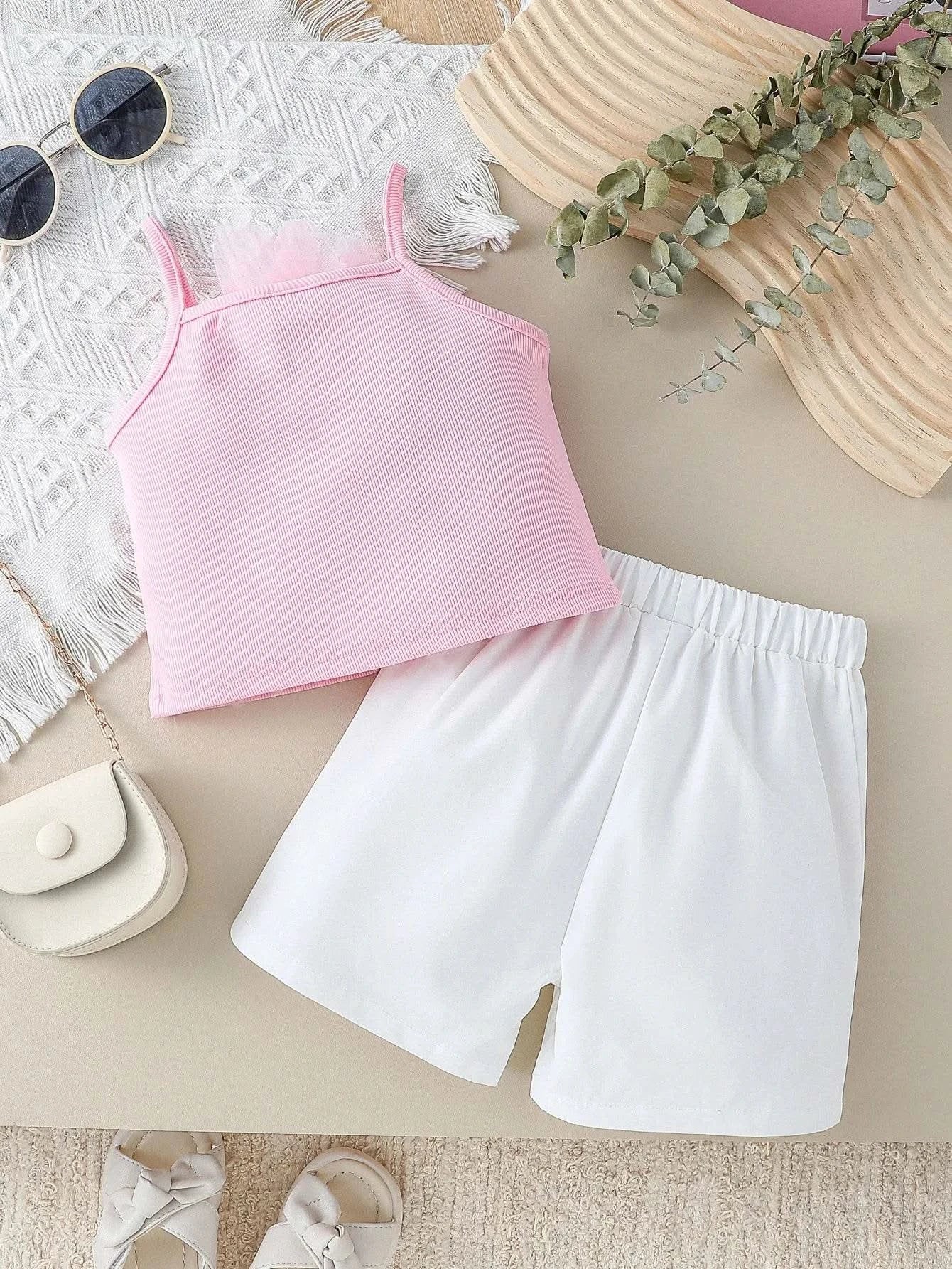Children Clothing Summer Girl's Pink Outfit Sets Lace Mesh Flower Vest & shorts Pants Kids Clothes Girl's Elegant Sets For 1-6Y - M & M Global