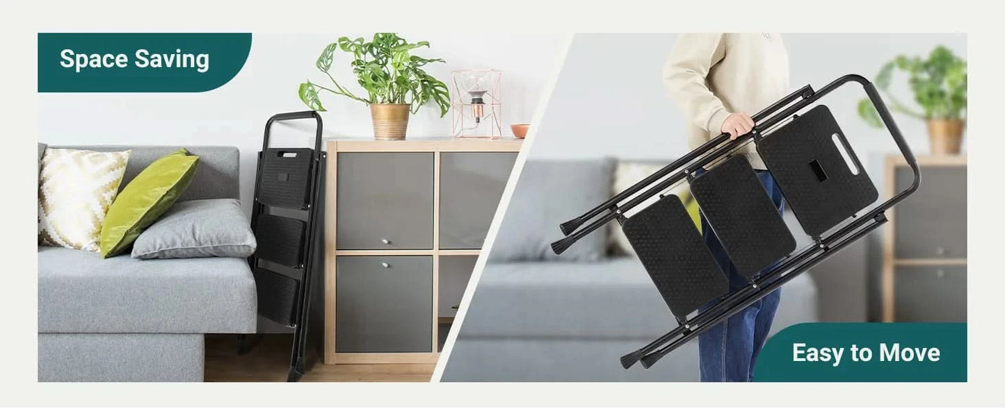 JHK Folding 2/3 Step Ladder Stool with Anti-Slip Pedal 800lbs Capacity Sturdy Steel Portable Cushioned Handle for Kitchen Home
