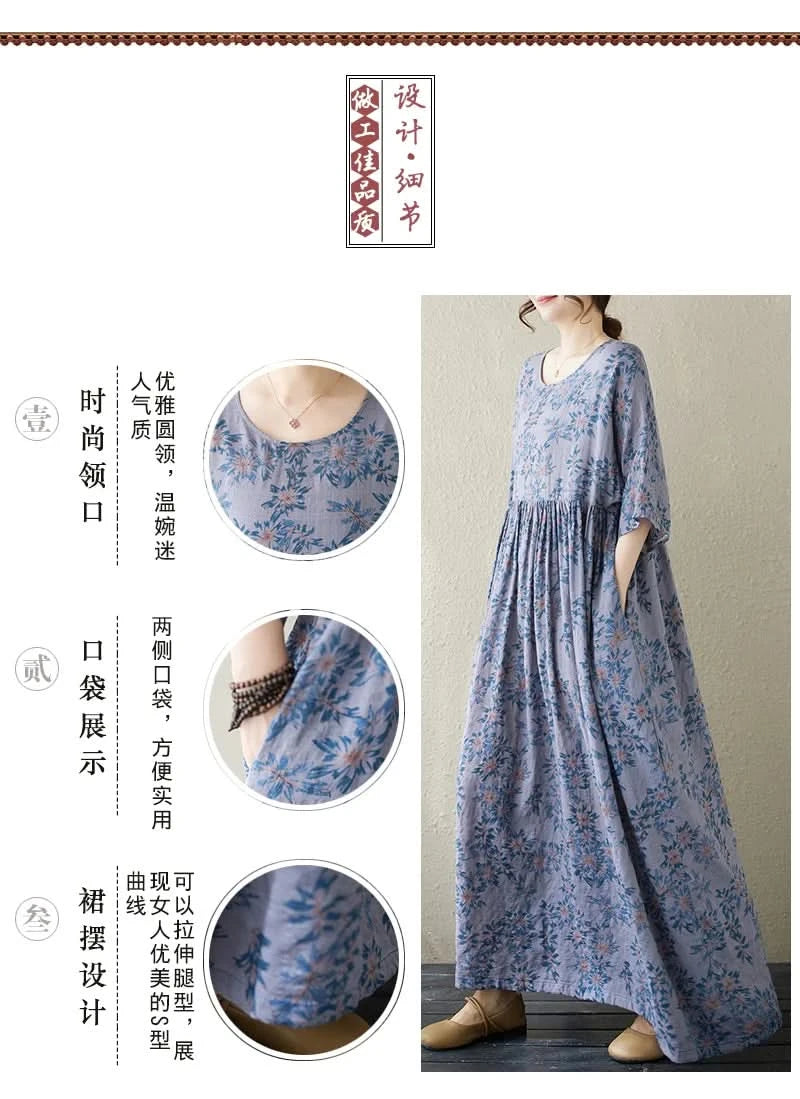 Oversized Summer Long Dress Women Floral Print Fashion Short Sleeve Ladies Dresses Casual Loose Ruffle Pleated Woman New Dress - M & M Global
