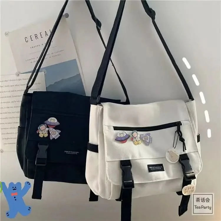 Harajuku Versatile Messenger Bag, Retro Street Crossbody Bag, Student School Canvas Bag,Casual Large Capacity Shoulder Bag - M & M Global