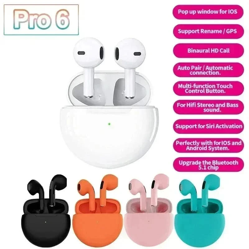 TWS Pro6 Earphone Bluetooth Headphones with Mic 9D Stereo Pro 6 Earbuds for Xiaomi Samsung Android Wireless Bluetooth Headset - M & M Global