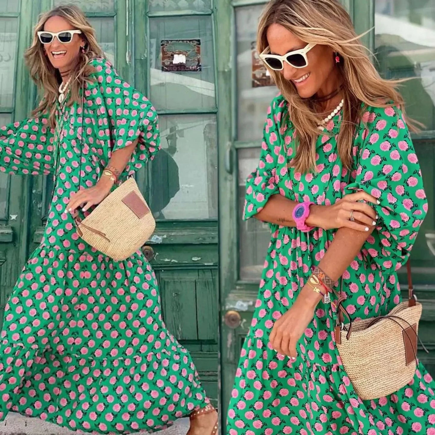 Summer Puff Sleeve Long Dress Women Geometric Print Half Sleeve Dress Boho V-Neck Loose Holiday Beach Dress Vestidos - M & M Global