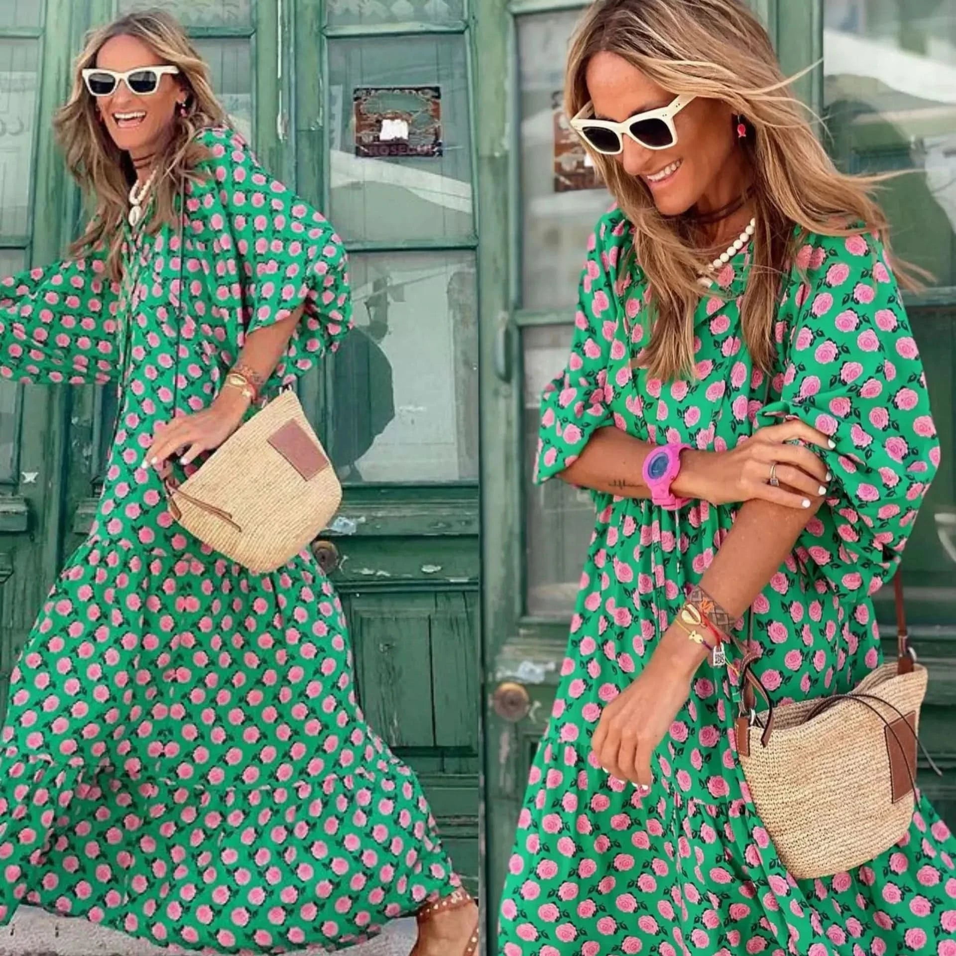 Summer Puff Sleeve Long Dress Women Geometric Print Half Sleeve Dress Boho V-Neck Loose Holiday Beach Dress Vestidos - M & M Global