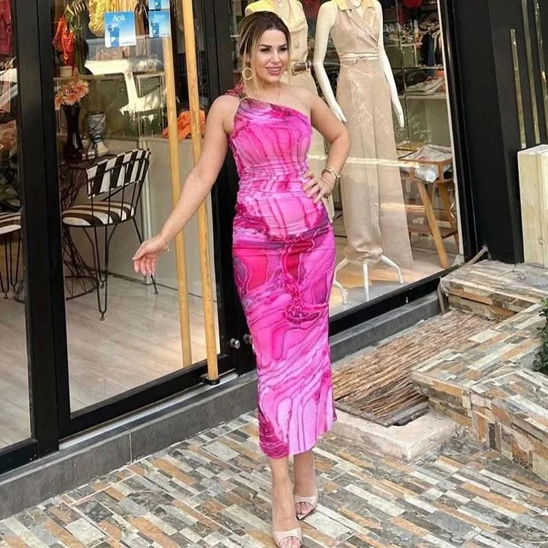 CUTENOVA Sexy Slash Collar Gradient Print Long Dress Summer Chic One-Shoulder Backless Party Dresses Sleeveless Hollow Slim Fit - M & M Global