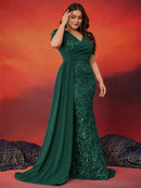 Plus Size Elegant Short Sleeve Sequins Formal Evening Dresses Women Luxury Mermaid Wedding Party Bridesmaid Gowns