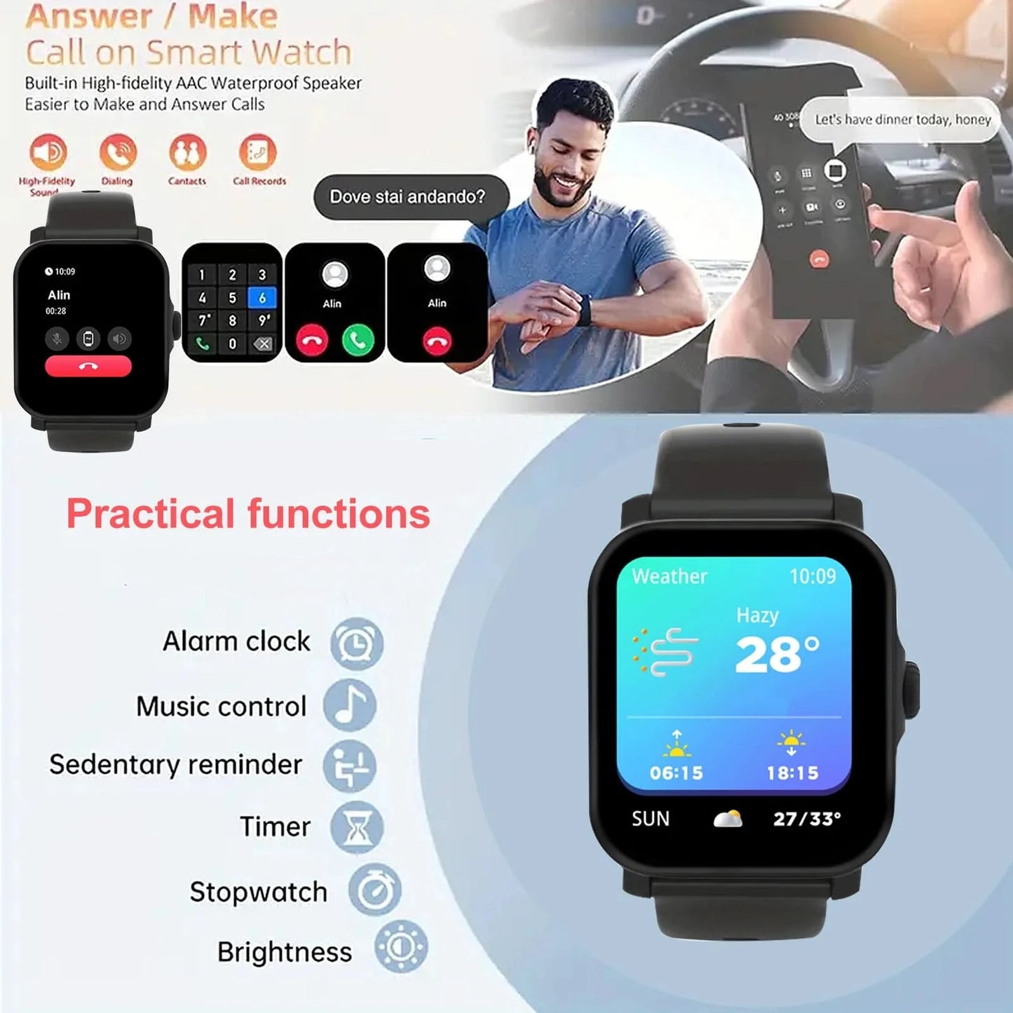 Activity tracking smartwatch, wireless talk/dial, pedometer, various APP alerts, suitable for men and women, sports watch, messa