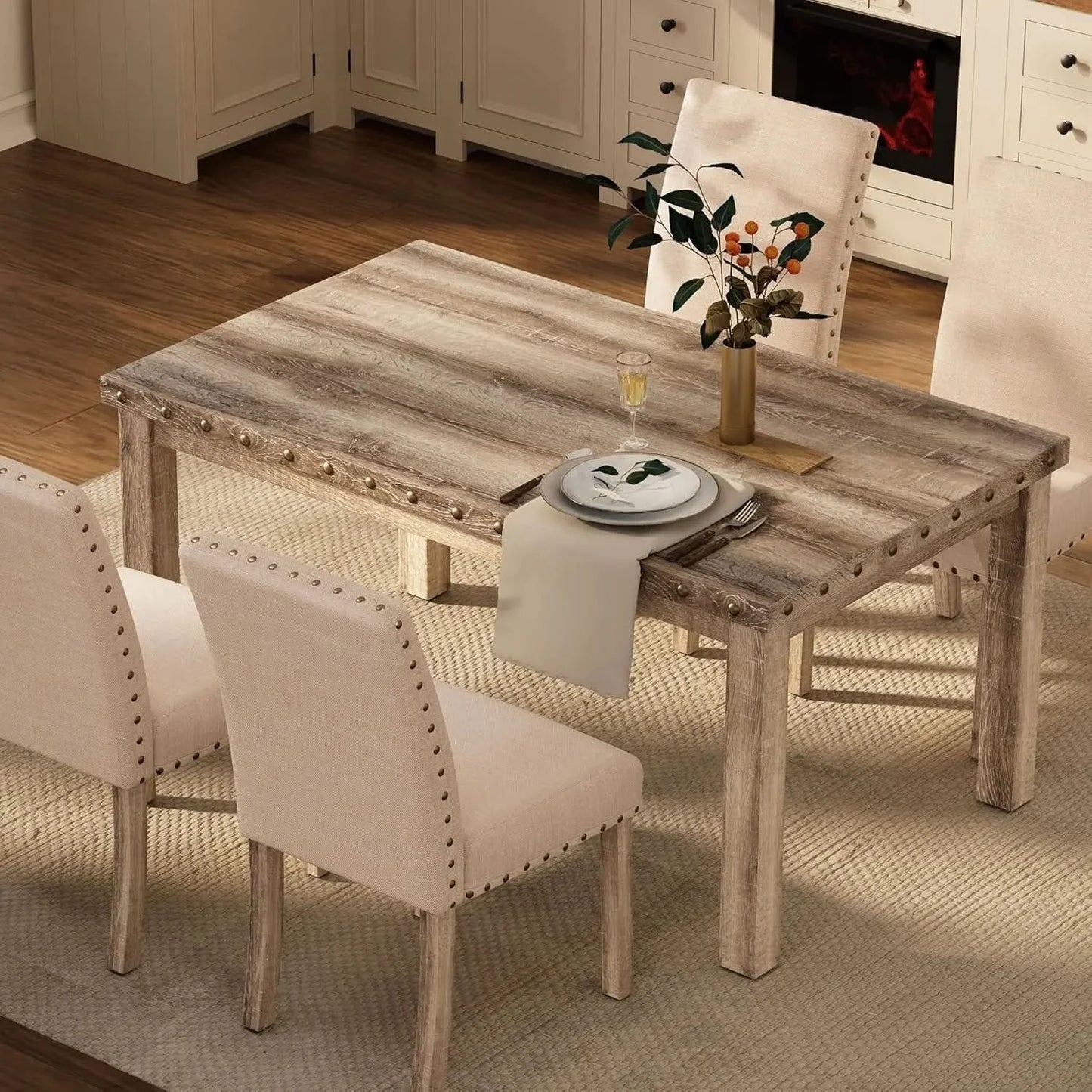 Rustic Dining Table, Farmhouse Kitchen Dining Chairs , Charming 60" Rectangular Wooden Table& Upholstered