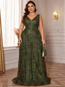 Plus Size Luxury Deep V-Neck Sequins Blue Evening Dress Women Elegant V-back Wedding Party Long Prom Cocktail Dresses