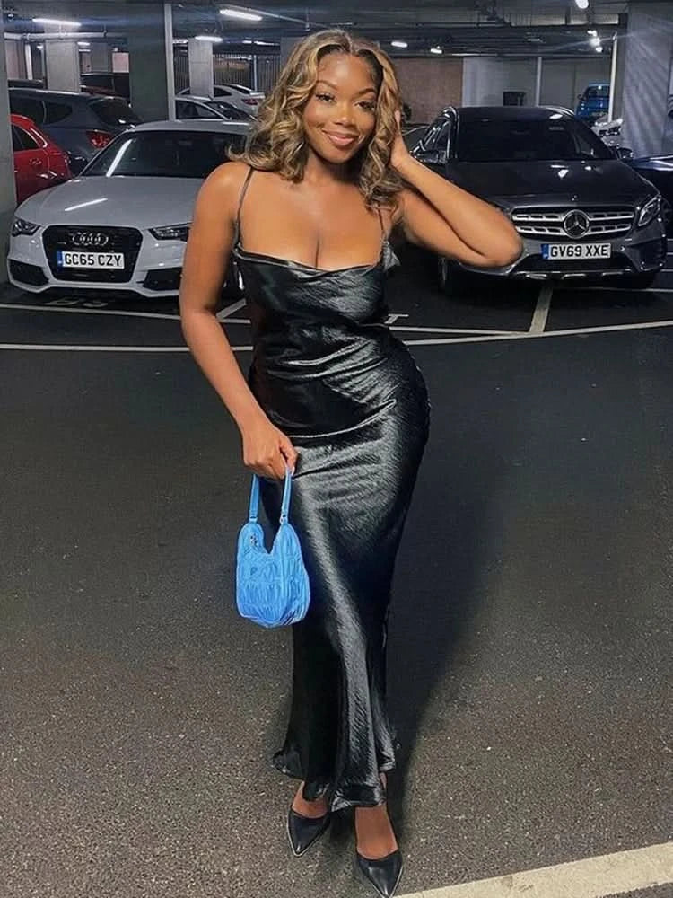 Sibybo Sexy Spaghetti Strap Backless Satin Dress Women Y2K Blue Lace Up Trumpet Long Dress Elegant Bodycon Party Dresses 2022 - M & M Global