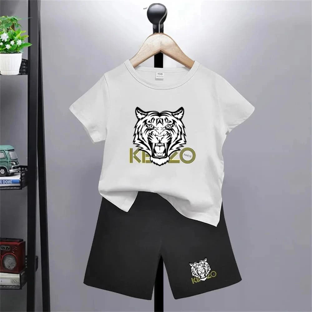 Tiger head Print Brand Kids T-shirt Boys Girls red Toddlers age 3-12 Fashion Clothing Short Sleeve+Shorts Outdoor Sports Set - M & M Global