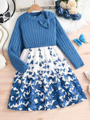 1-Piece Spring and Autumn Fashion Casual Style Knit Dress for Girls Aged 8-12, Featuring a Round Neck, Ribbed Design, Solid Color, and Dual Print Patterns, Suitable as a Gift for Eid, Easter, Carnival, Chinese New Year, and O