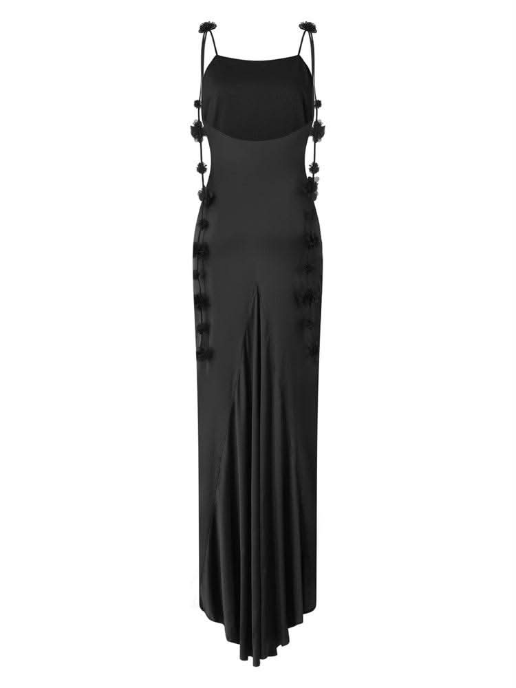 CHRONSTYLE Satin Backless Spaghetti Strap Long Dress for Women Sexy Backless 3D Flower Tassels Dress Party Cocktail Y2K Vestidos - M & M Global