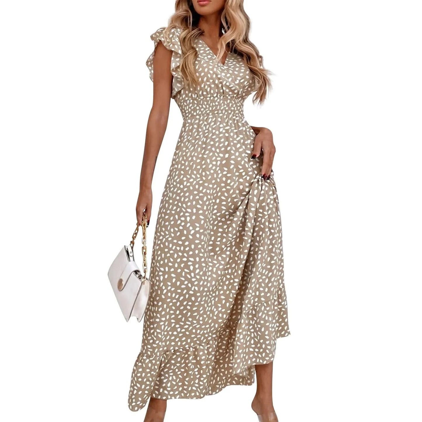 Polka Dot Dress For Women Sexy V-Neck Long Dress Casual And Fashionable Ruffle Edge Short Sleeved High Waisted Dress - M & M Global