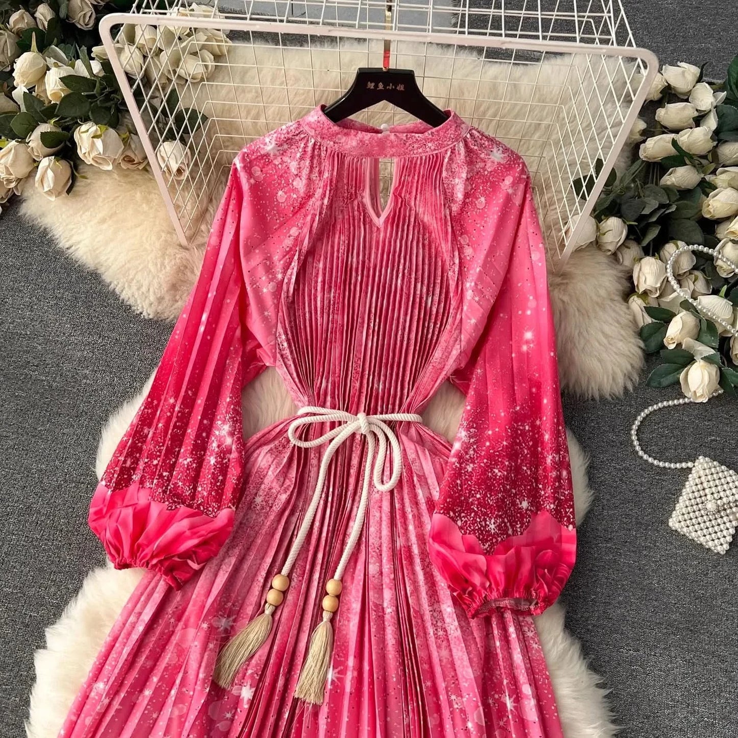 Spring Holiday Print Long Dress For Women Fashion Loose Lantern Sleeve Party Robe Female Big Swing Tassels Belt Pleated Clothes - M & M Global