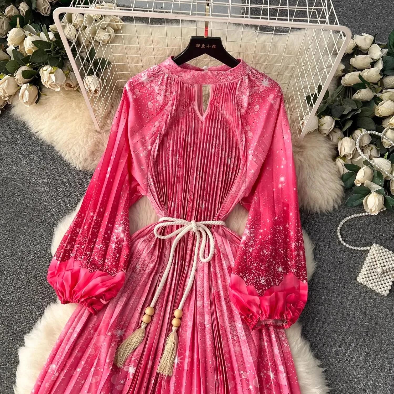 Spring Holiday Print Long Dress For Women Fashion Loose Lantern Sleeve Party Robe Female Big Swing Tassels Belt Pleated Clothes - M & M Global
