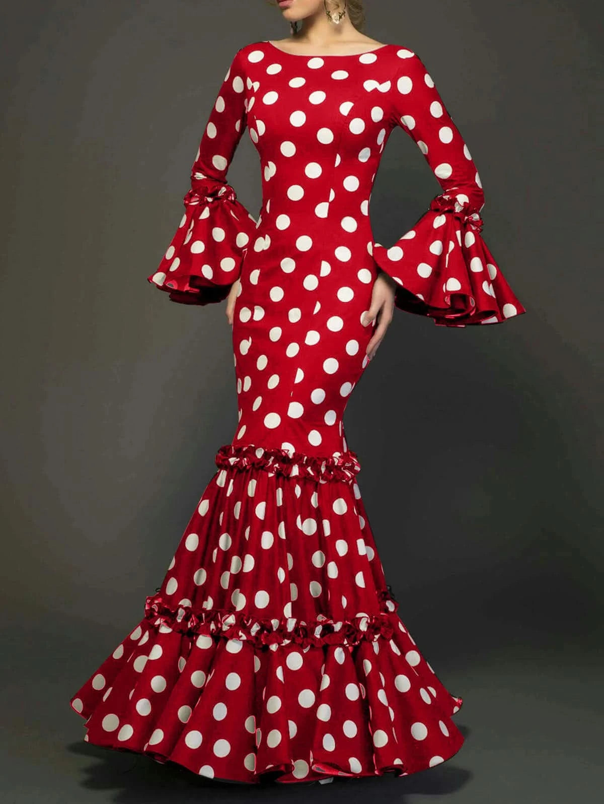 Polk Dot Print Long Dress for Women Flare Sleeve Ruffle Elegant Trumpet Dress Slim Round Neck Vintage Autumn Female Dresses 2024 - M & M Global
