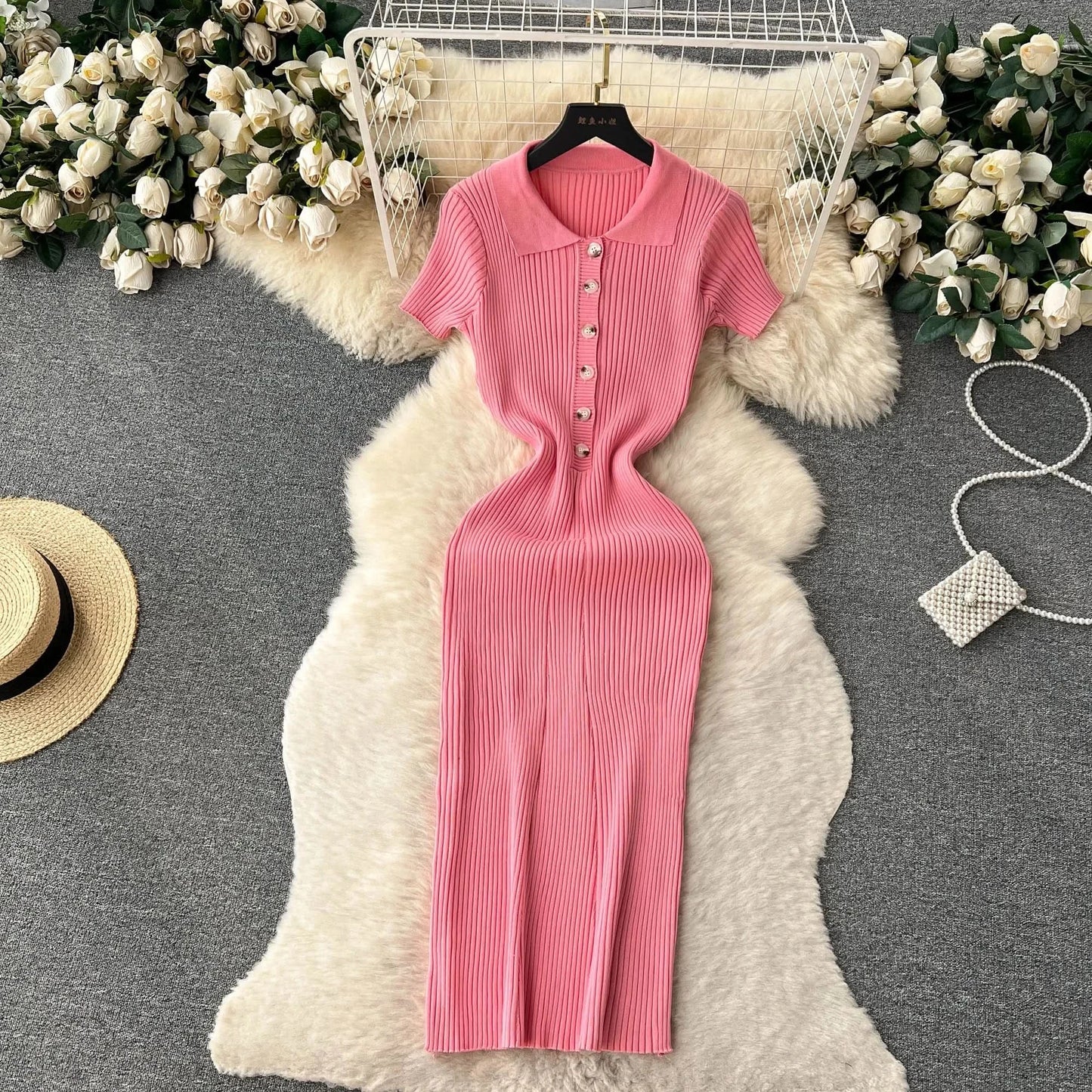 Summer Elastic Women Solid Knit Dress Summer Rose Red Retro Loose Sundress Sets 2024 bodycon Streetwear Sheer Beach Long Dress - M & M Global